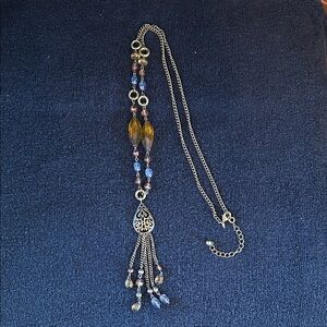 Avon Gold, Blue & Smoky Quartz Beaded Tassel Necklace w Antique Goldtone Chain